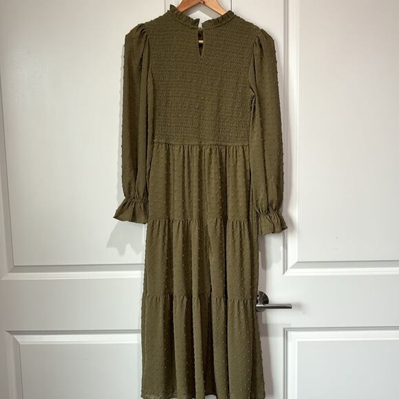 Anthropologie By The River Dot Swiss Smocked Tiered Midi Dress Olive Gre… - Picture 6 of 13